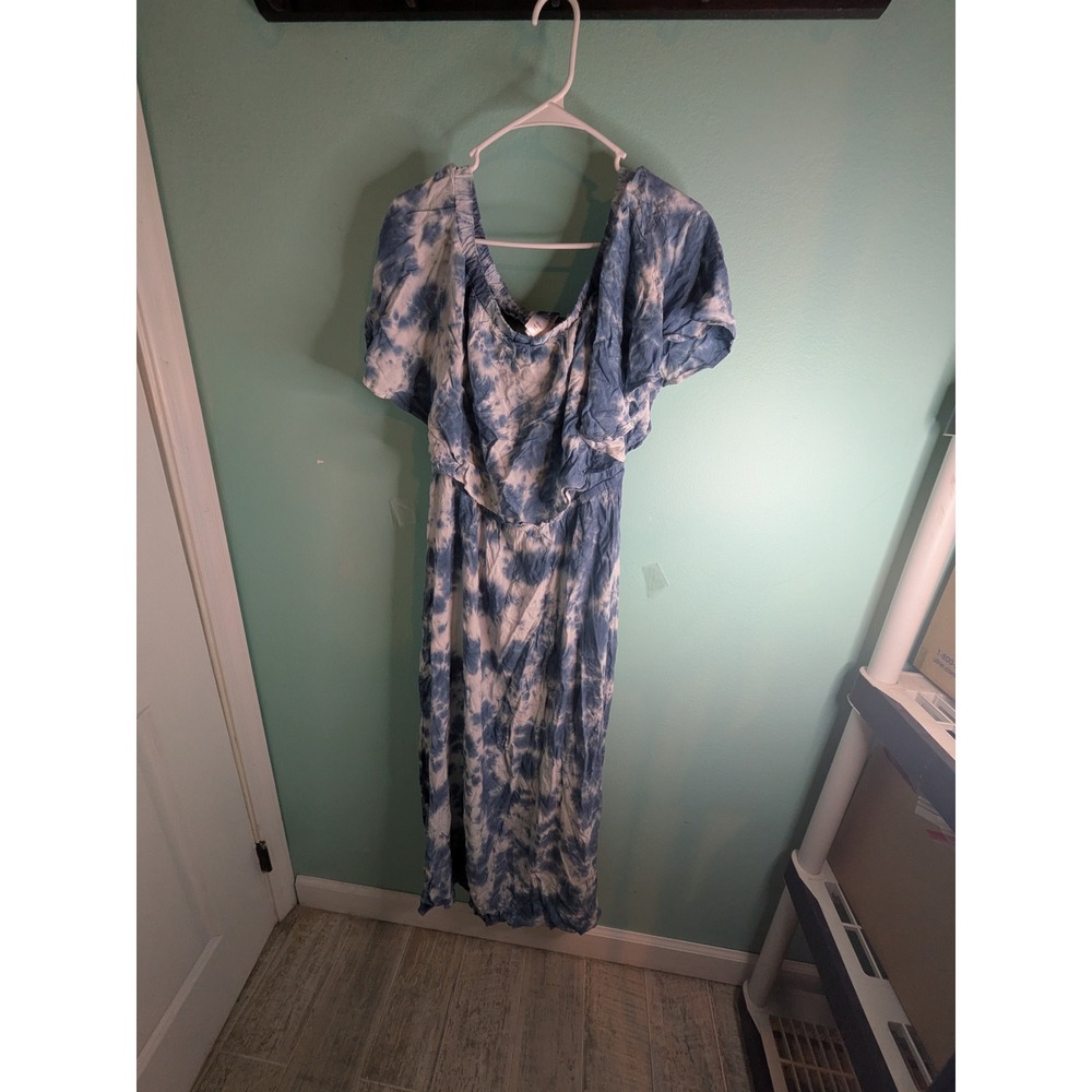 Swimsuits For All Blue Tie Dye Off Shoulder Ruffle Maxi Dress Plus Size NEW